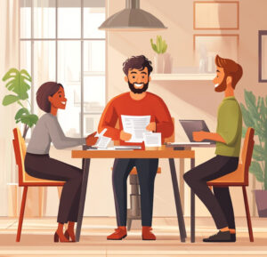 Three cheerful people having a meeting at a table, with documents and devices in a bright room.